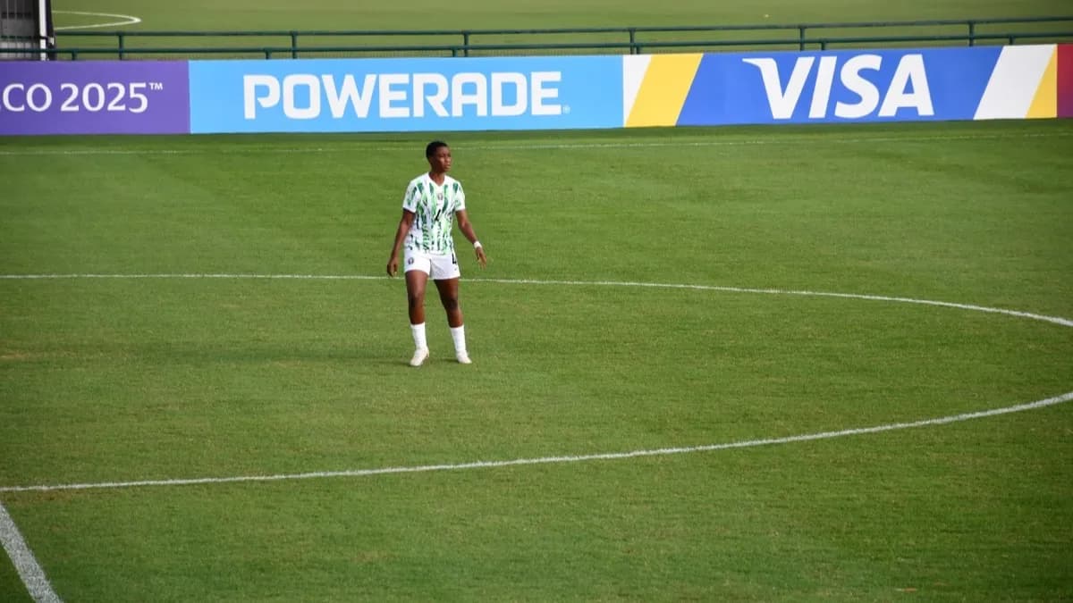 Archive photograph of Hannah Ibrahim playing for Nigeria against Samoa on 25 October 2025; not the 2026 Mexico match or a portrait of the scorers.