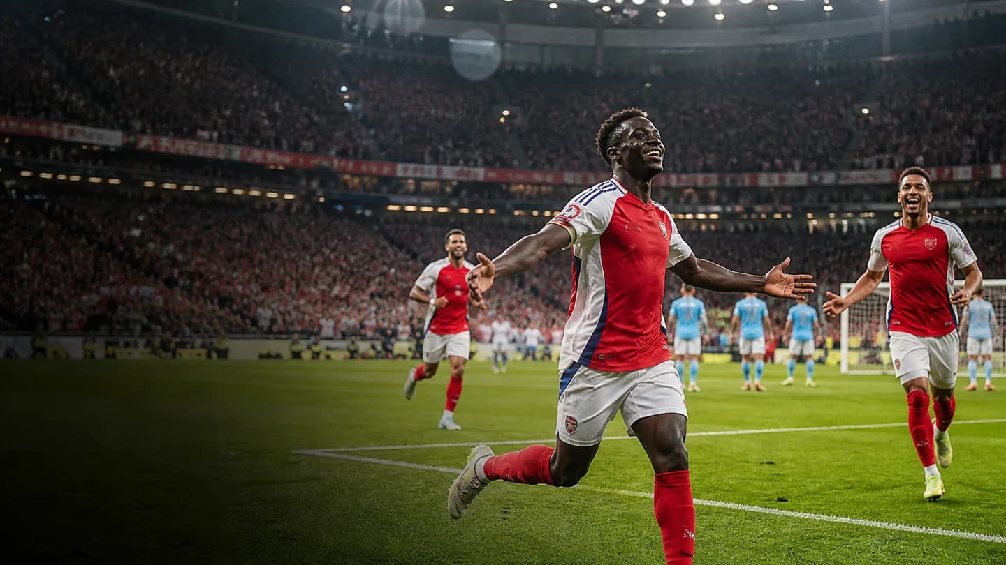 Arsenal players celebrate under Cardiff stadium lights after beating Manchester City