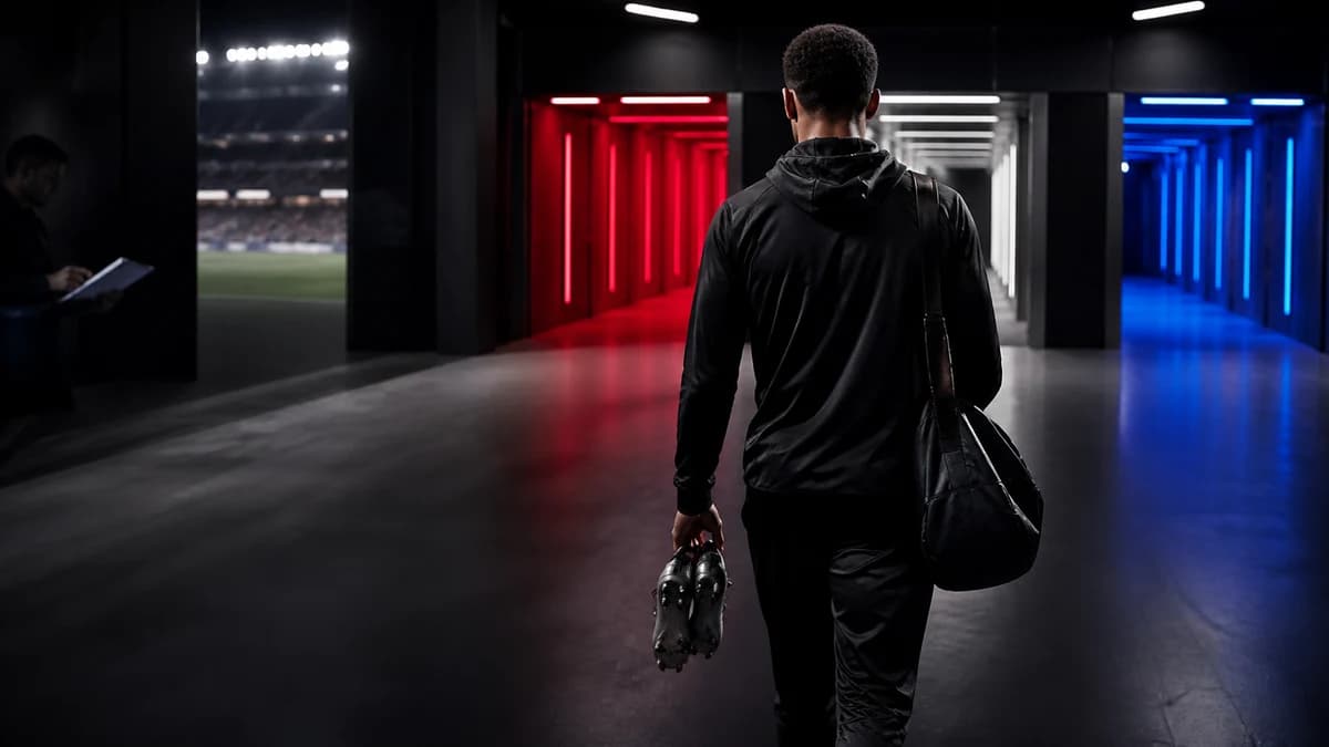 AI editorial scene of an anonymous footballer choosing between illuminated stadium corridors on deadline day
