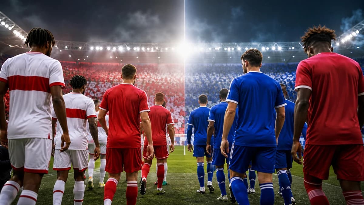 AI editorial split-stadium scene showing anonymous teams in red-white, blue and red preparing for German league matches