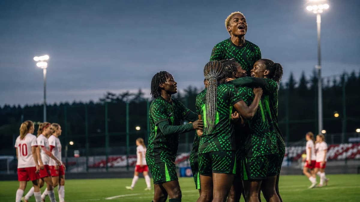 AI editorial scene of Nigerian women footballers celebrating a friendly win in a Polish training stadium