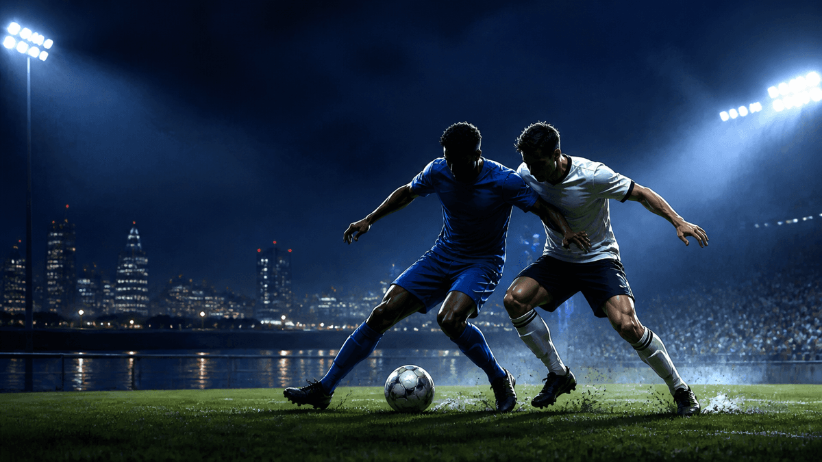 AI-generated editorial image of two anonymous footballers contesting the ball beside a stylised west London skyline