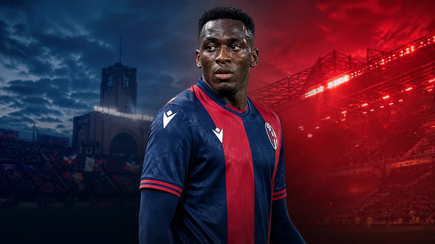 Jhon Lucumi pictured between an Italian red-blue stadium and Manchester-red floodlights