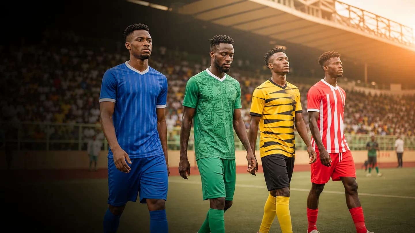 Nigerian club footballers walk onto a vibrant stadium pitch before a new NPFL season