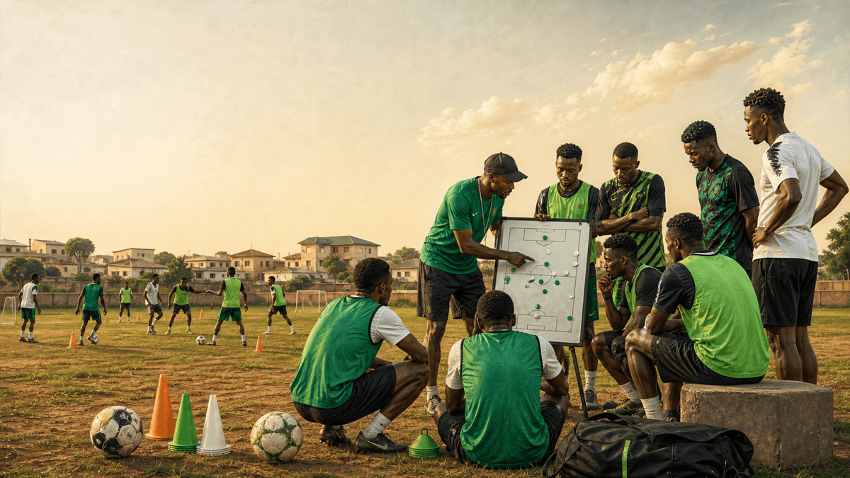 AI-generated editorial illustration of a generic Nigerian community football training session