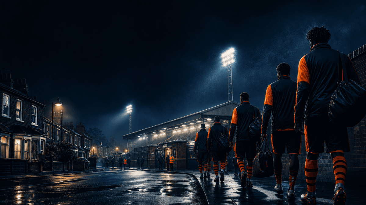 AI-generated editorial illustration of a generic football team arriving at a London stadium