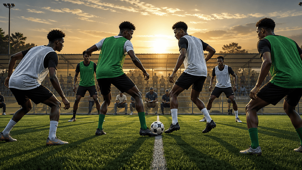 AI-generated editorial illustration of a generic Nigerian football coaching session