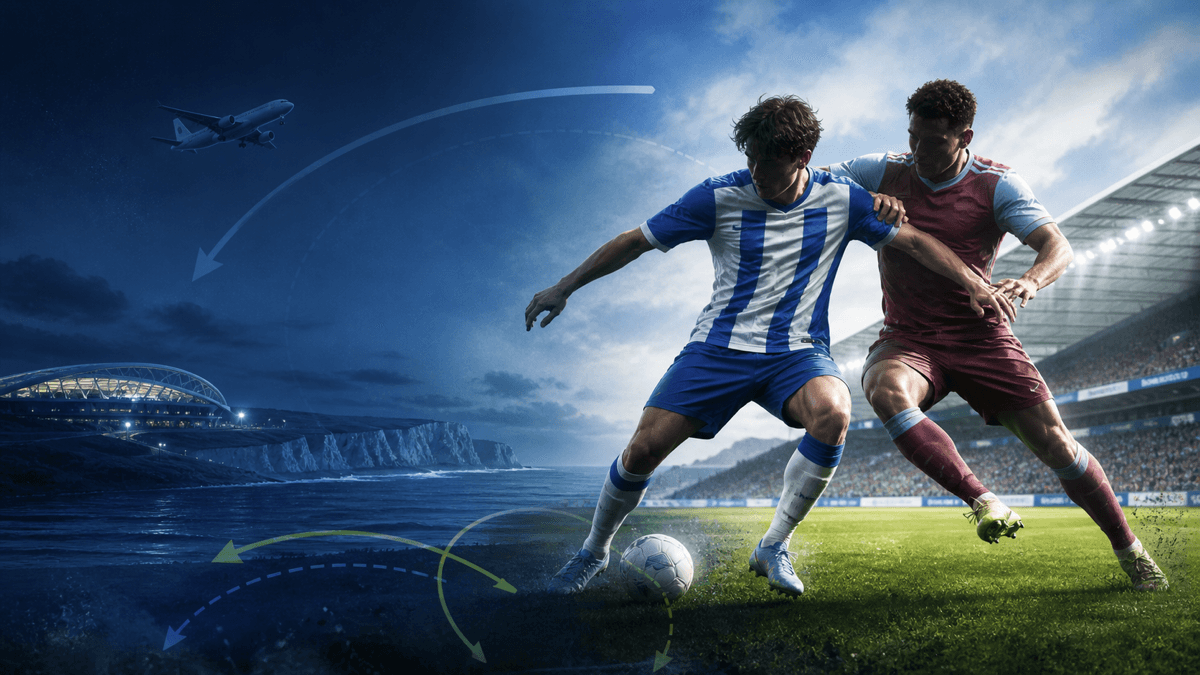 AI-generated editorial illustration of anonymous footballers with a travel-to-matchday tactical transition