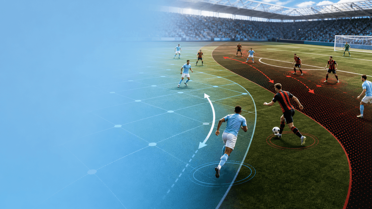 AI-generated tactical illustration of anonymous sky-blue and dark-shirted footballers contesting pressing space