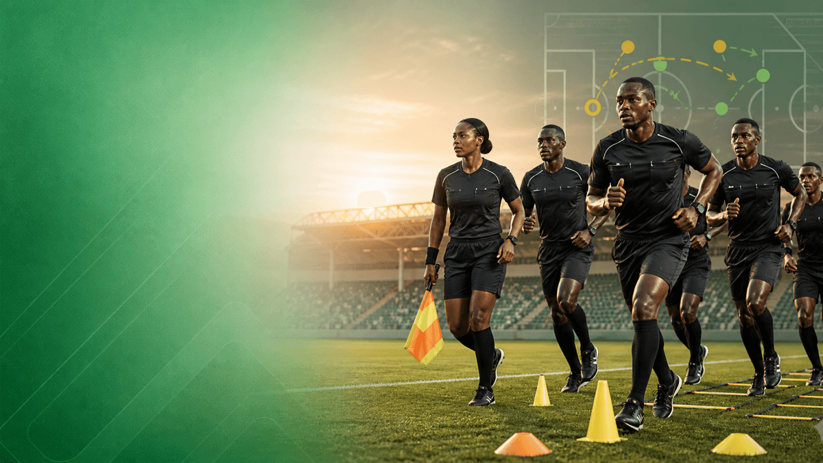 AI-generated editorial illustration of anonymous Nigerian referees completing a stadium fitness drill