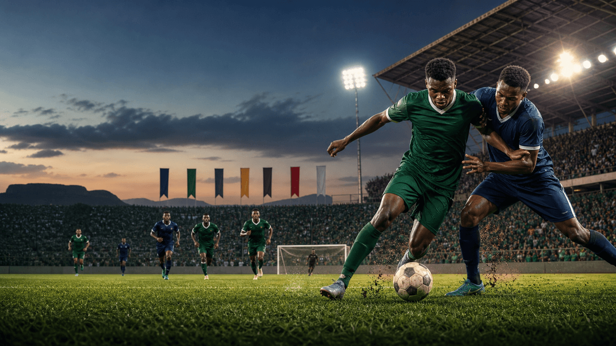 AI-generated editorial illustration of anonymous Nigerian footballers contesting the ball in a highland stadium