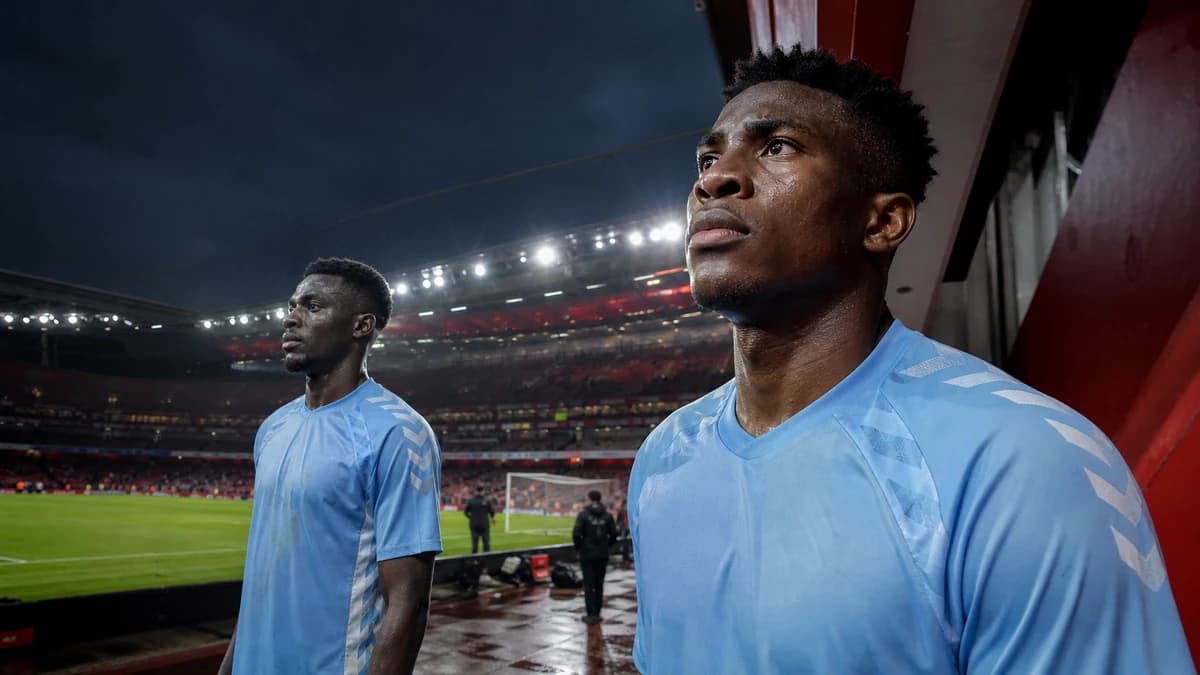 AI-generated editorial illustration of two Nigeria internationals in a sky-blue stadium setting