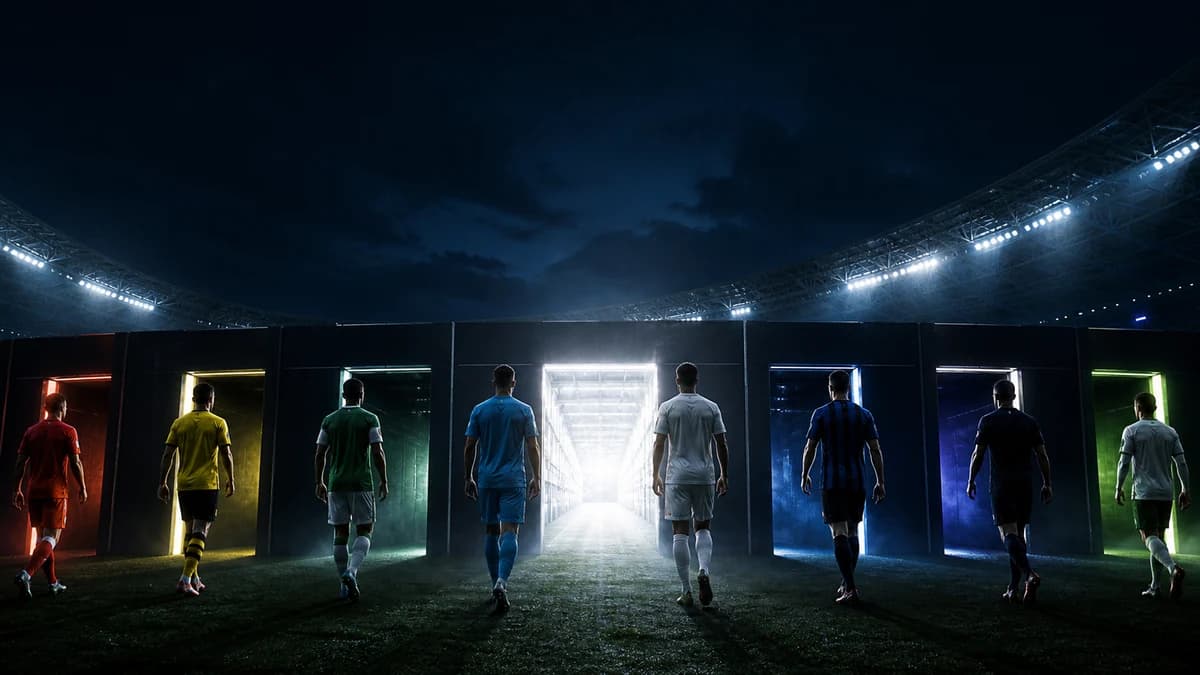 AI-generated editorial image of seven illuminated pathways leading toward a European stadium