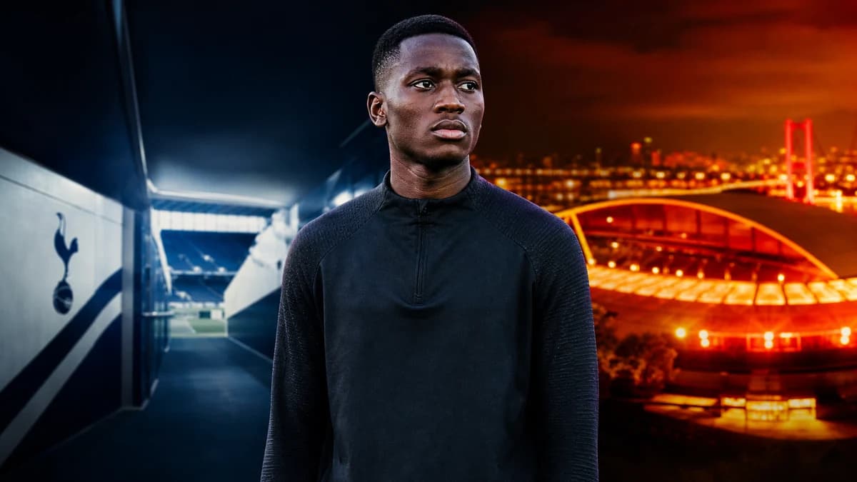 AI-generated editorial portrait of a Senegalese midfielder between London and Istanbul colour environments