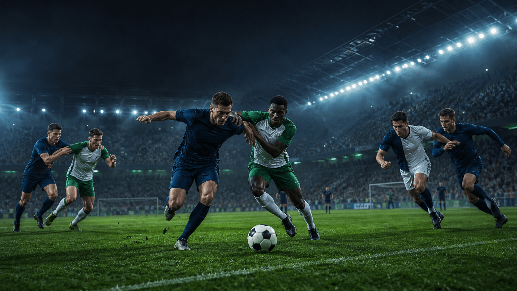 AI editorial image of footballers contesting possession under European night-match floodlights