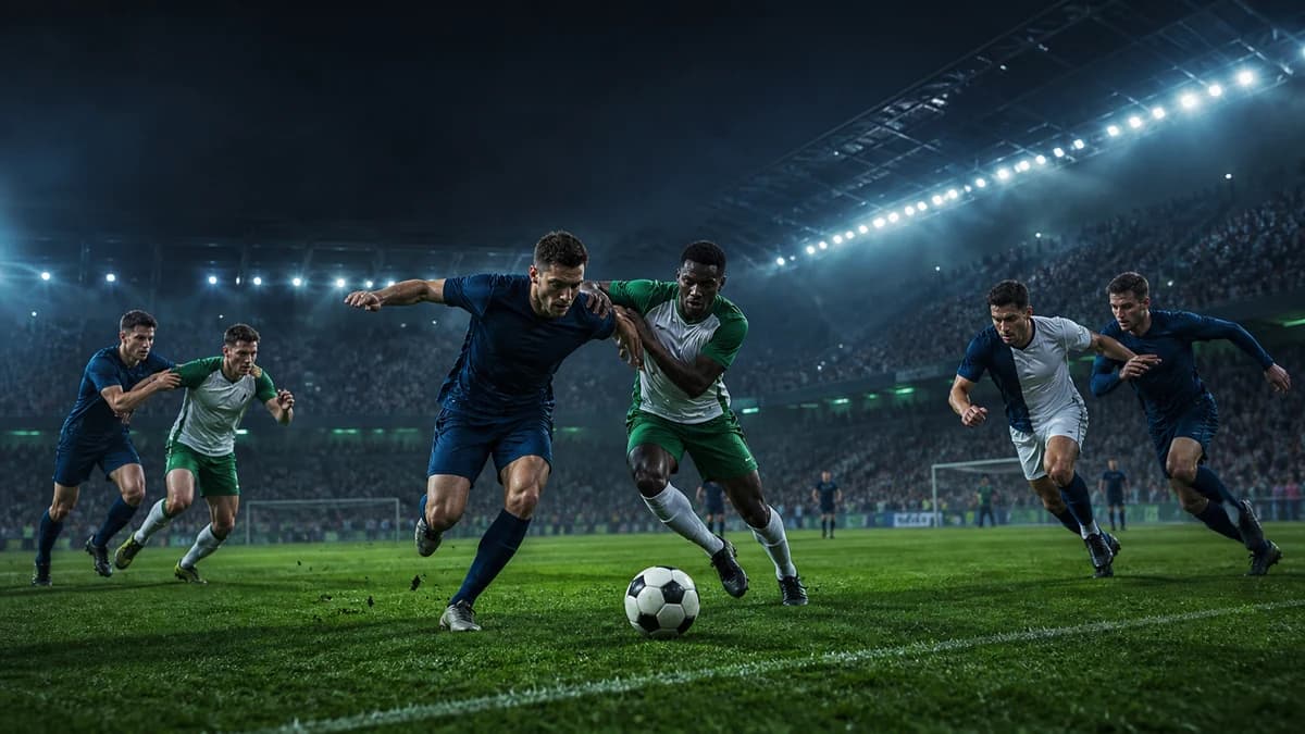 AI editorial image of footballers contesting the ball under European night-match floodlights