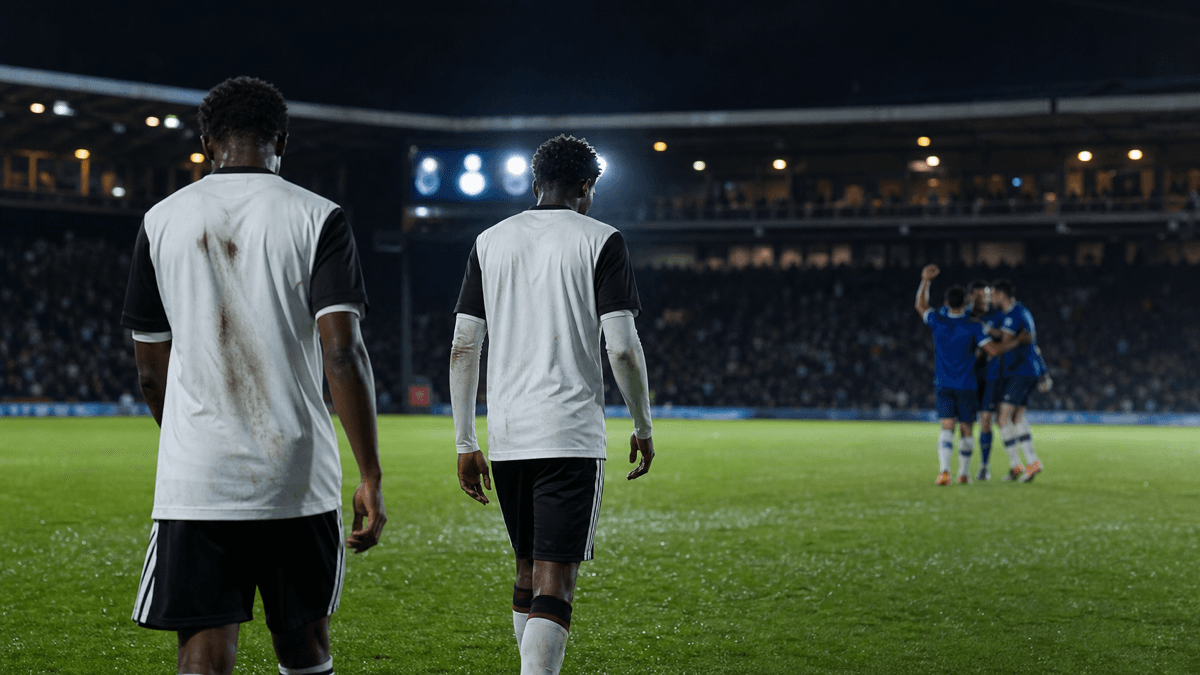 AI editorial image representing two Nigerian footballers walking away from a difficult night match