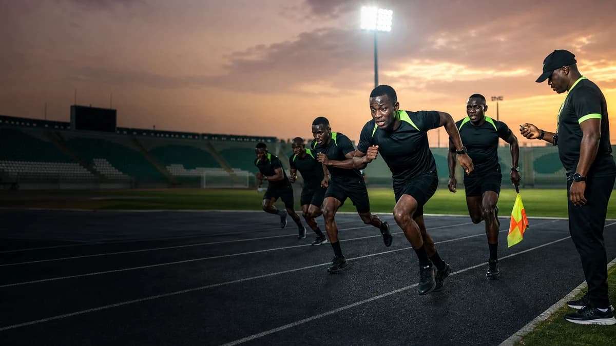 AI editorial visual of Nigerian football referees completing sprint fitness tests on a stadium track