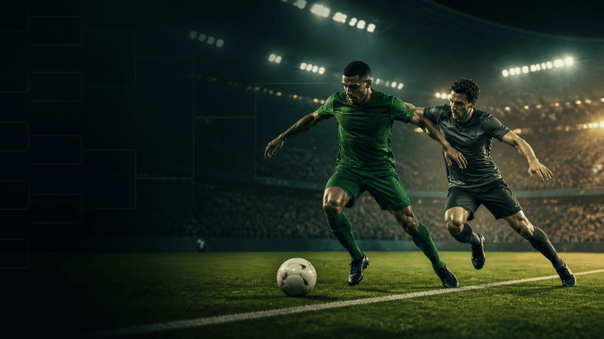 AI-generated editorial image of two anonymous footballers contesting the ball in a generic floodlit stadium