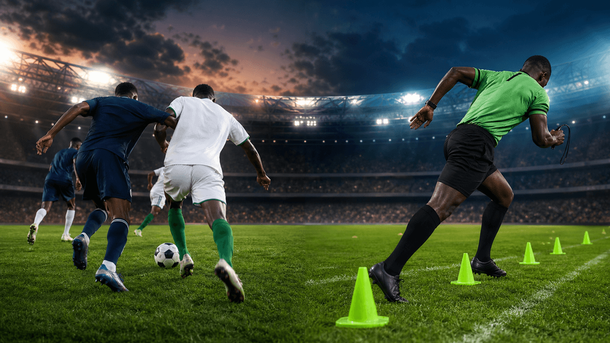 AI editorial image representing football decisions and verification under stadium lights