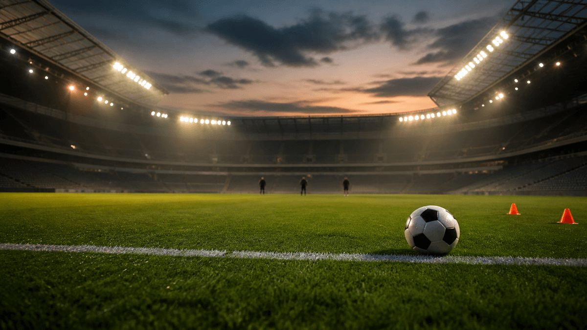 AI editorial image of a football beside the touchline before an evening cup fixture