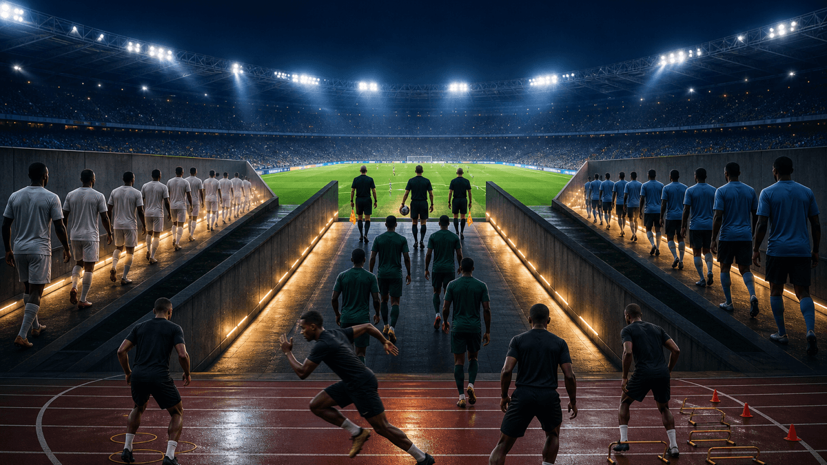 AI editorial image of teams and officials entering a floodlit stadium for a decisive European night