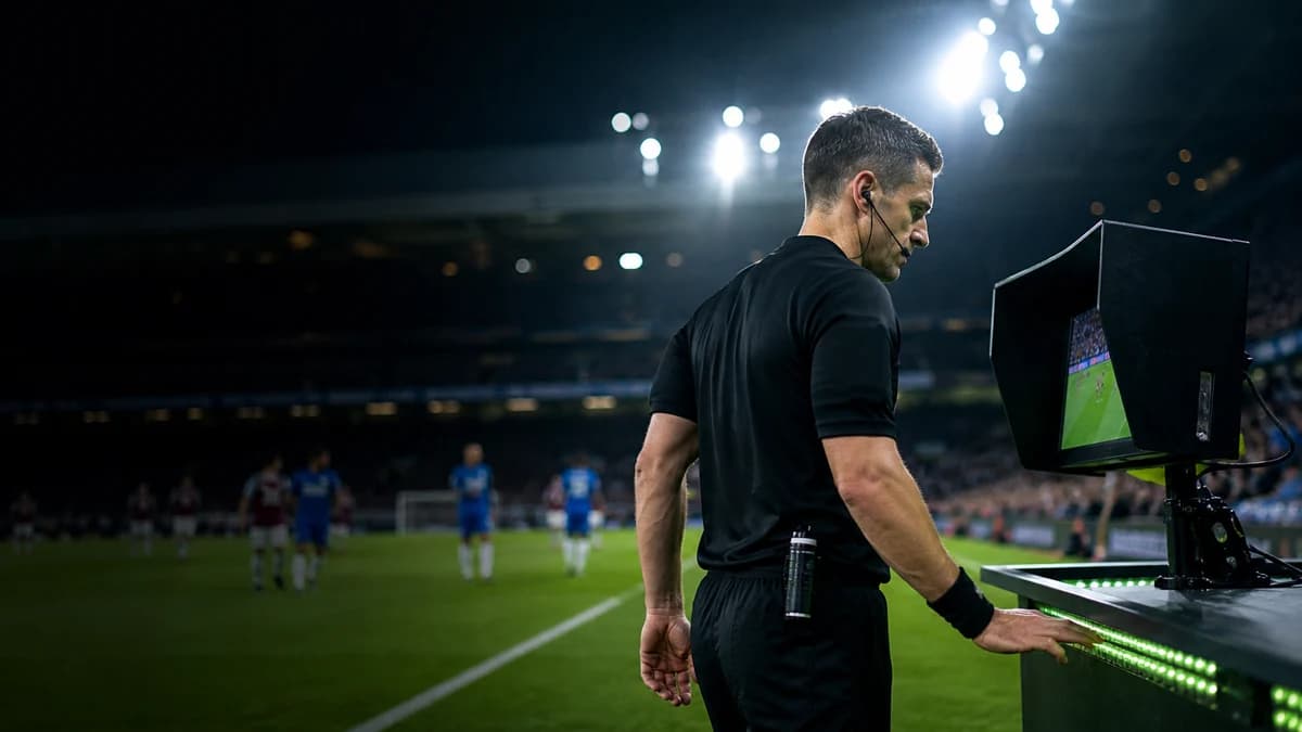 AI editorial scene of a referee reviewing a pitch-side monitor under stadium floodlights