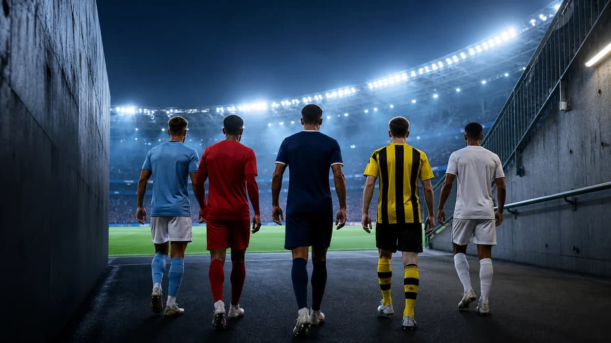 AI editorial scene of five anonymous footballers entering a European stadium under blue night lighting