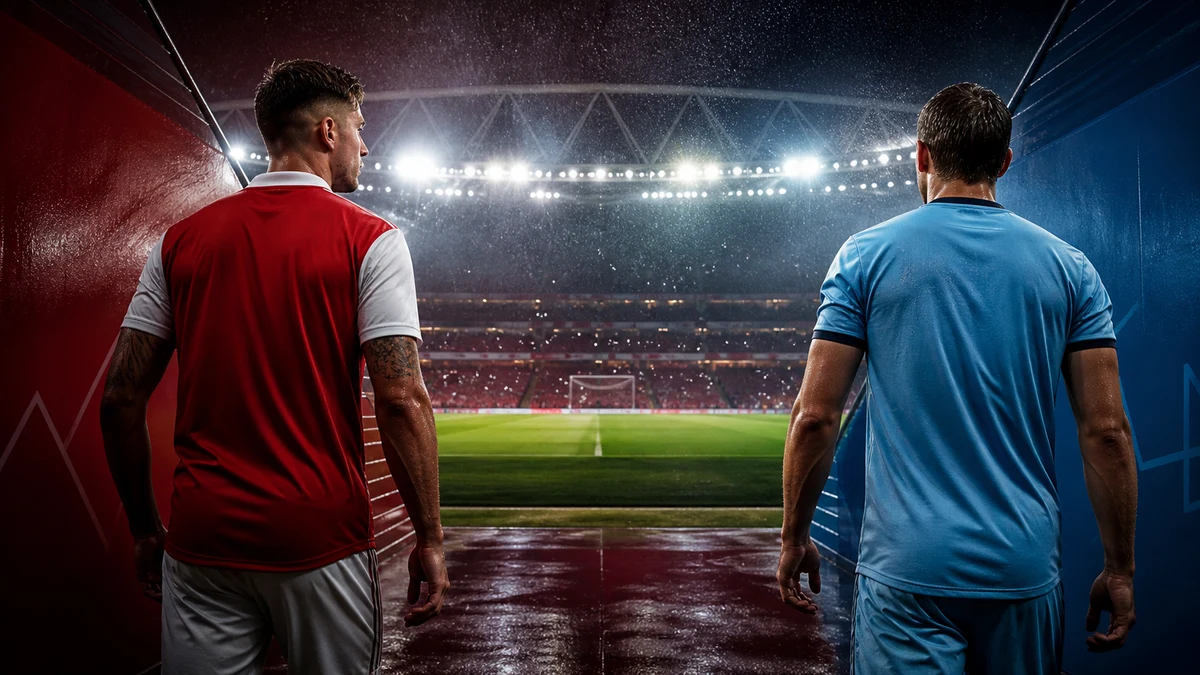 AI-generated editorial illustration of red and sky-blue footballers entering a floodlit stadium