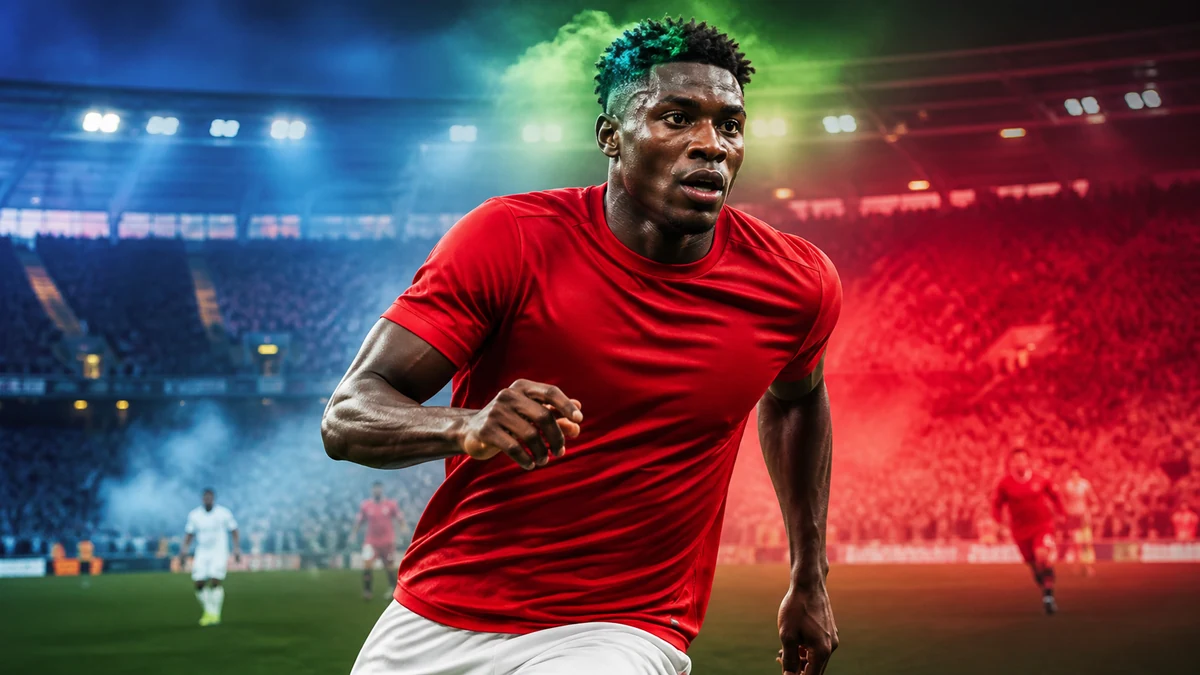 AI-generated editorial illustration of Taiwo Awoniyi running between sky-blue and red stadium light