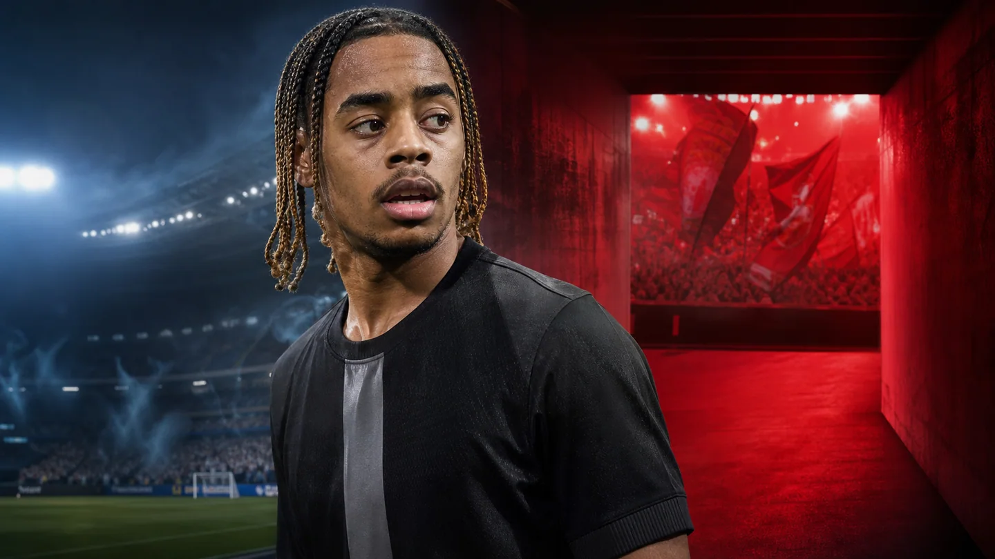 Realistic editorial transfer-rumour artwork showing Bradley Barcola between Paris and Liverpool-red stadium settings