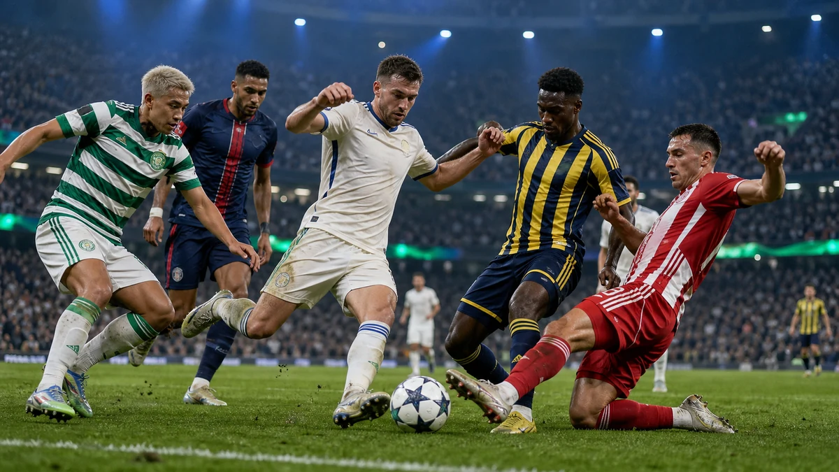 AI-generated editorial illustration of European teams contesting a Champions League play-off ball