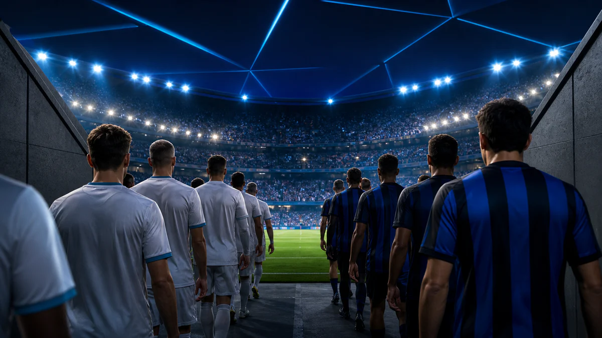 Editorial illustration of two European teams walking toward a floodlit stadium