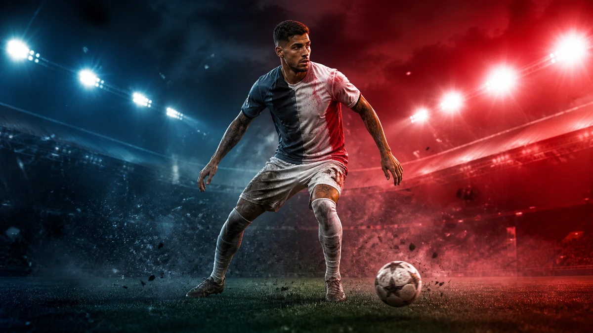 AI-generated editorial illustration of Cristian Romero in a split London-and-Madrid stadium