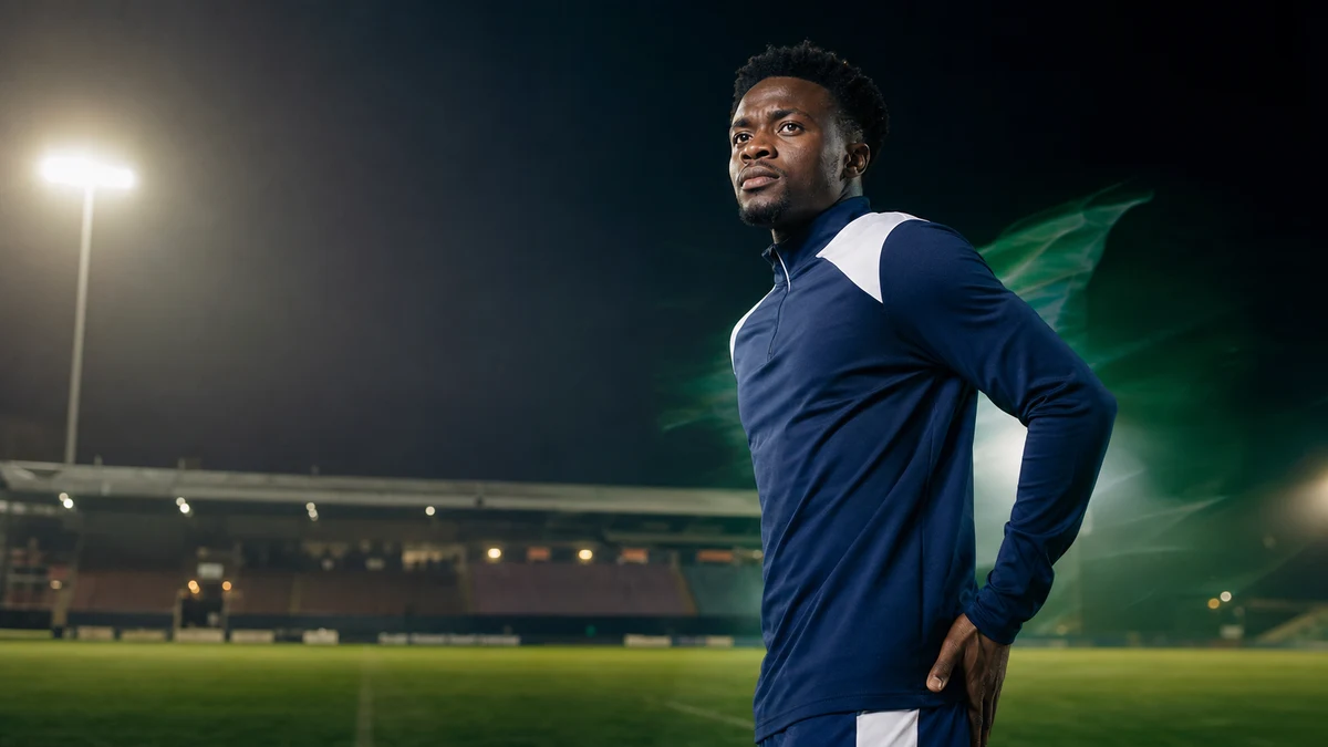 AI-generated editorial illustration of Femi Azeez assessing his fitness beside a floodlit pitch