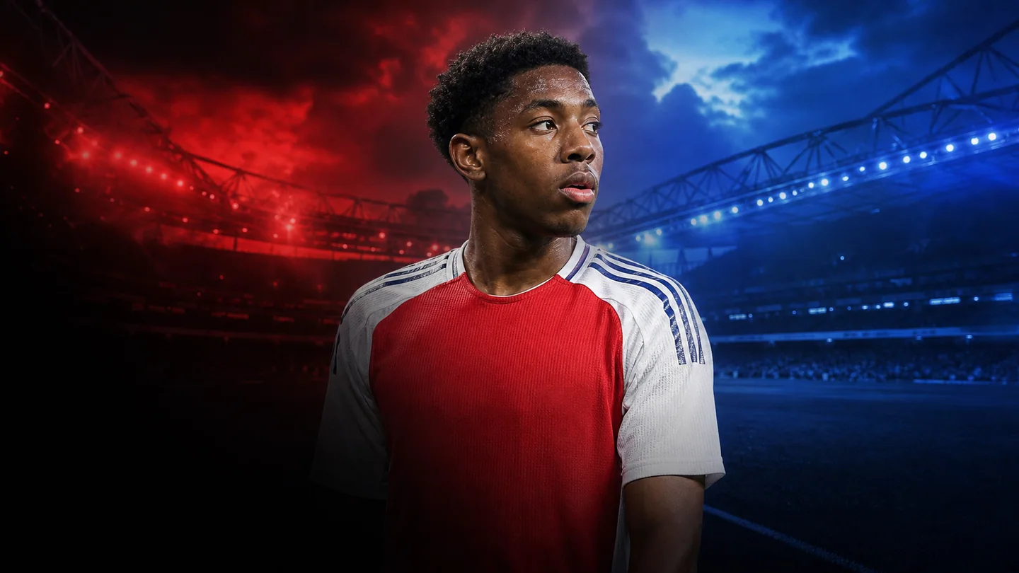 Myles Lewis-Skelly shown between Arsenal-red and Chelsea-blue stadium environments