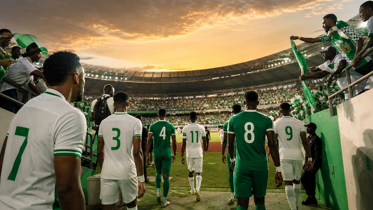 Nigerian footballers walk into a packed green-and-white stadium for opening weekend