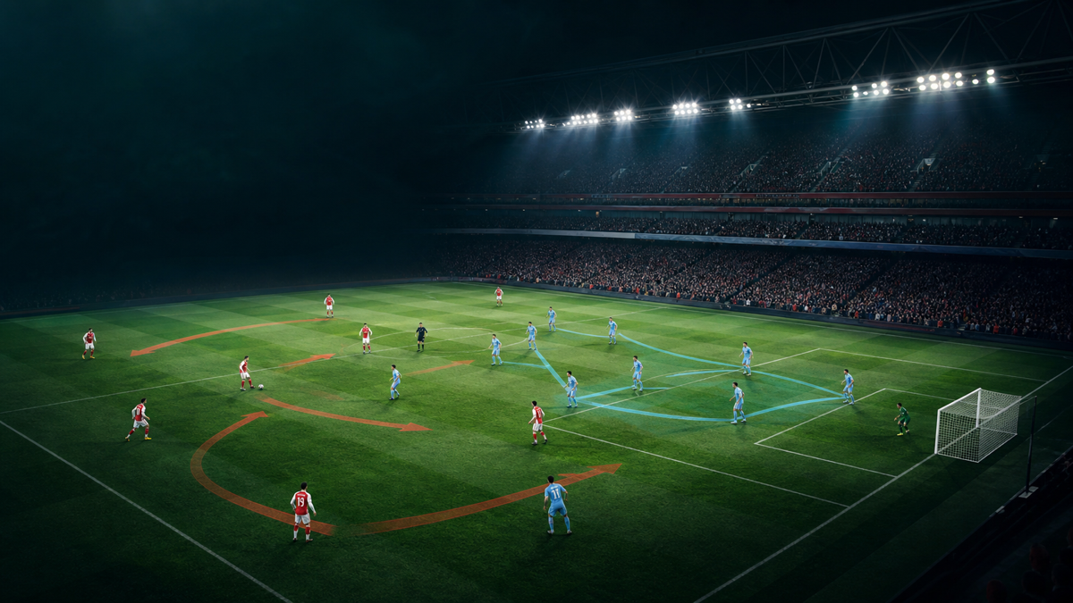 AI-generated tactical editorial illustration of red and sky-blue footballers under stadium lights