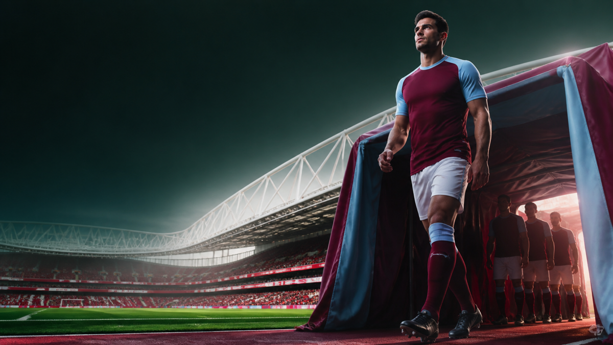 AI-generated editorial illustration of a generic defender entering a red stadium