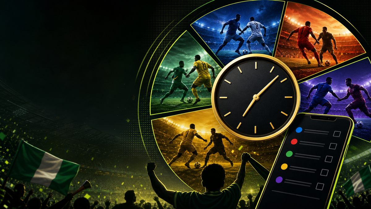 AI-generated utility illustration of a football schedule, clock and Nigerian supporters