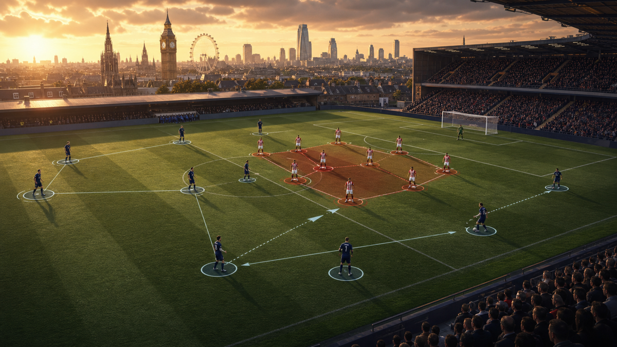 AI-generated editorial illustration of generic footballers in a west London stadium