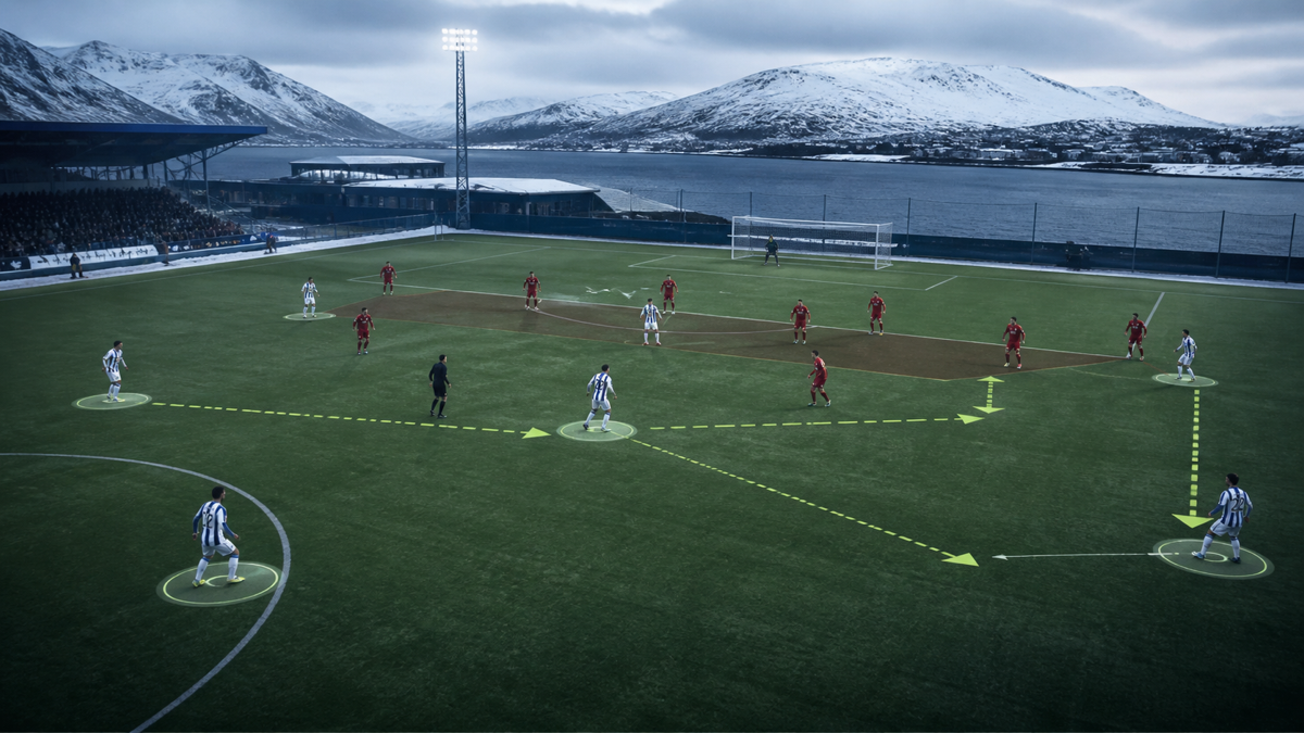 AI-generated tactical editorial illustration of a low block and attacking football team