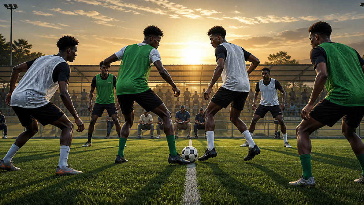 AI-generated editorial illustration of a generic Nigerian football coaching session