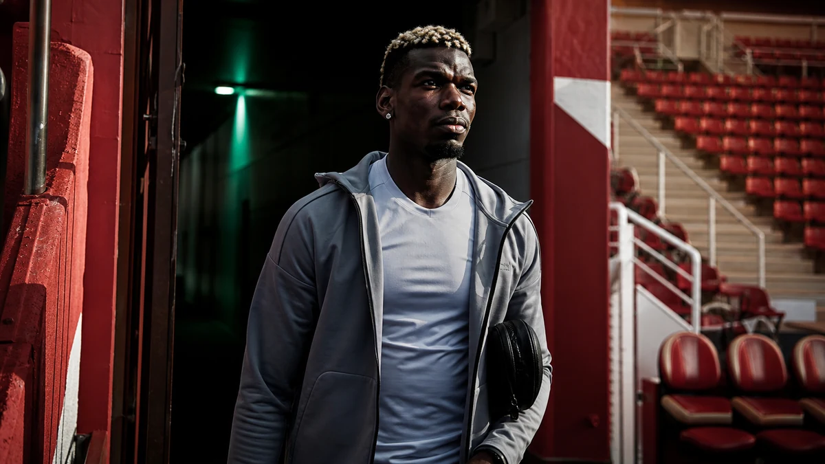 AI-generated editorial illustration of Paul Pogba leaving a red-and-white stadium tunnel