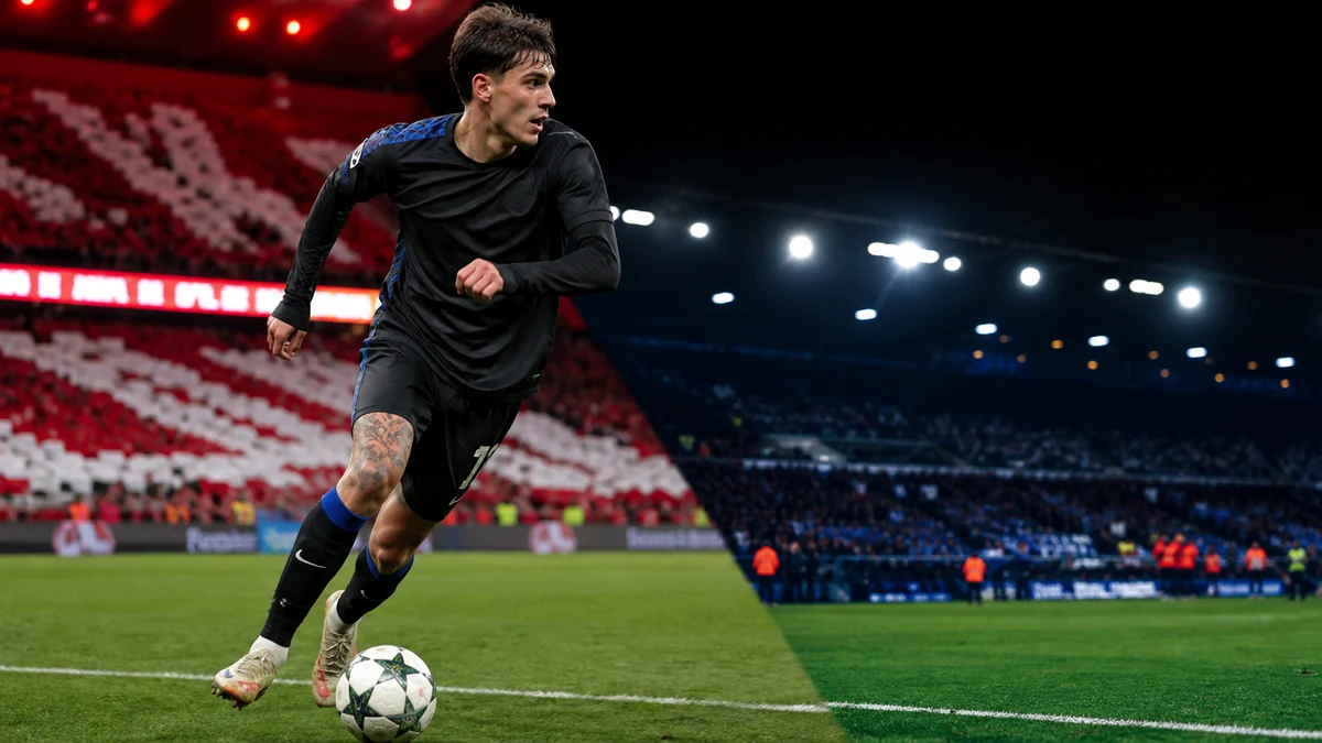 AI-generated editorial illustration of Matteo Ruggeri running between Madrid red and Birmingham claret-blue light