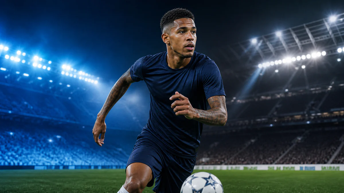 Editorial illustration of Savinho running under split sky-blue and navy stadium lights