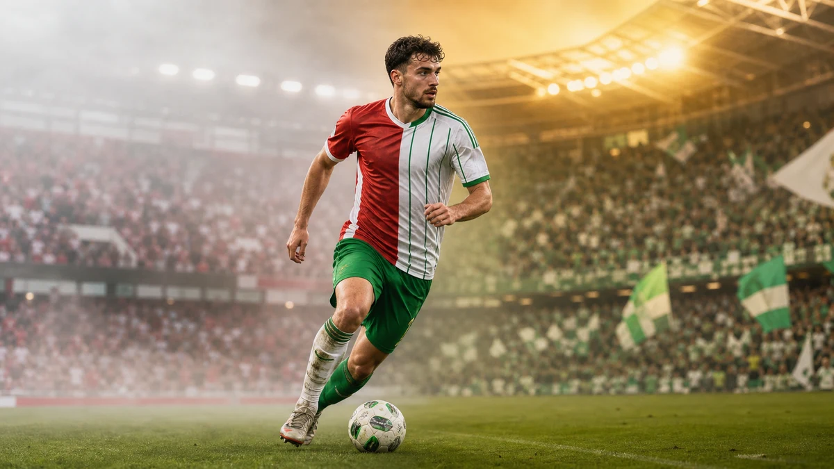AI-generated editorial illustration of Troy Parrott moving from Dutch red-white into Seville green-white stadium light